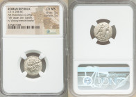 Anonymous. Ca. 211-208 BC. AR victoriatus (17mm, 3.29 gm, 7h). NGC Choice MS 5/5 - 5/5. Laureate head of Jupiter right; dotted border / ROMA, Victory ...