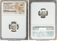 Anonymous. Ca. 211-208 BC. AR victoriatus (16mm, 3.30 gm, 6h). NGC MS, Fine Style. Luceria. Laureate head of Jupiter right, bead-and-reel border / Vic...