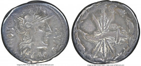 Q. Fabius Maximus (ca. 125 BC). AR denarius (18mm, 3.83 gm, 10h). NGC VF 5/5 - 5/5. Rome. Q • MAX-ROMA (MA ligate), head of Roma right in winged helme...