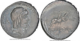 L. Calpurnius Piso Frugi (ca. 90 BC). AR denarius (19mm, 3.98 gm, 8h). NGC AU 4/5 - 4/5. Rome. Laureate head of Apollo right; A behind, uncertain symb...