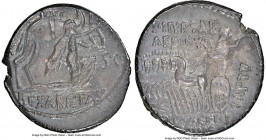 M. Aemilius Scaurus and P. Plautius Hypsaeus (ca. 58 BC). AR denarius (17mm, 3.82 gm, 1h). NGC Choice AU 4/5 - 5/5. Rome. M•SCAVR / AED•CVR, kneeling ...