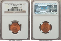 Menelik II 1/32 Birr EE 1889 (1896) MS65 Red NGC, KM10. This issue was struck from dies intended for a silver 1/8 Birr of the die series that included...