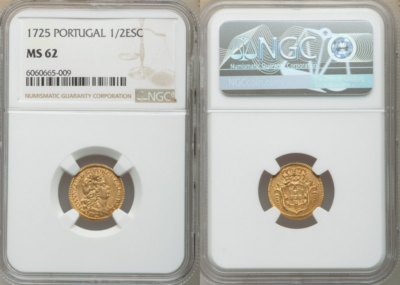 João V gold 1/2 Escudo 1725 MS62 NGC, Lisbon mint, KM218, Gomes-109.03. Olive to...