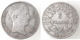 Francia. Napoleone I Imperatore. 1804-1814. 5 franchi 1811 A Zecca di Parigi. Ag.