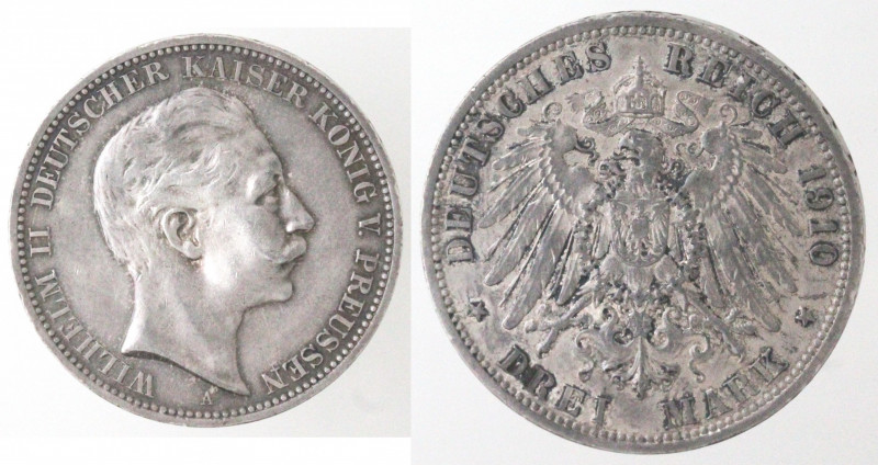 Monete Estere. Germania Prussia. Guglielmo II. 1888-1918. 3 Marchi 1910 A. Ag. K...