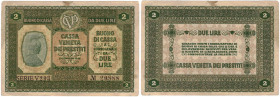 Banconote. Occupazione Austriaca. Cassa Veneta dei prestiti. Buono da 2 lire. 2 Gennaio 1918.