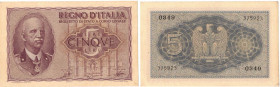 Banconote. Regno D'Italia. Vittorio Emanuele III. 5 Lire Impero 1944 XXII. Gig. BS13B.