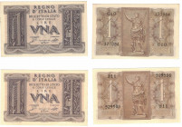 Banconote. Regno d'Italia. Vittorio Emanuele III. Lotto di 2 pezzi da 1 Lira Impero.