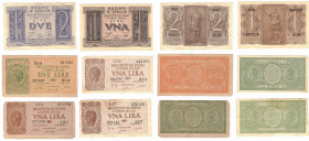 Banconote. Regno d'Italia. Vittorio Emanuele III. Lotto di 6 pezzi da 2 Lire e 1 Lira.