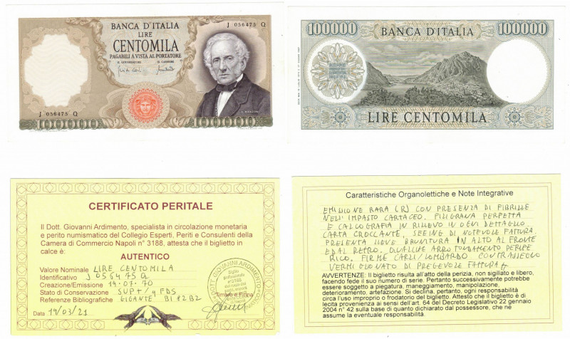 Banconote. Repubblica Italiana. 100.000 Lire Manzoni. D. M. 19-07-1970. Gigante ...