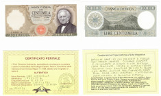 Banconote. Repubblica Italiana. 100.000 Lire Manzoni. D. M. 19-07-1970. Gigante BI82B2. Periziata Giovanni Ardimento SUP+/qFDS.