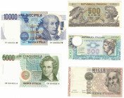 Banconote. Repubblica Italiana. Lotto di 5 pezzi. 10.000 lire, 5.000 lire, 1.000 Lire e 2 pezzi da 500 Lire.