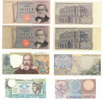 Banconote. Repubblica Italiana. Lotto di 4 pezzi. 2.000 lire, 2 pezzi da 1.000 Lire e 500 Lire.