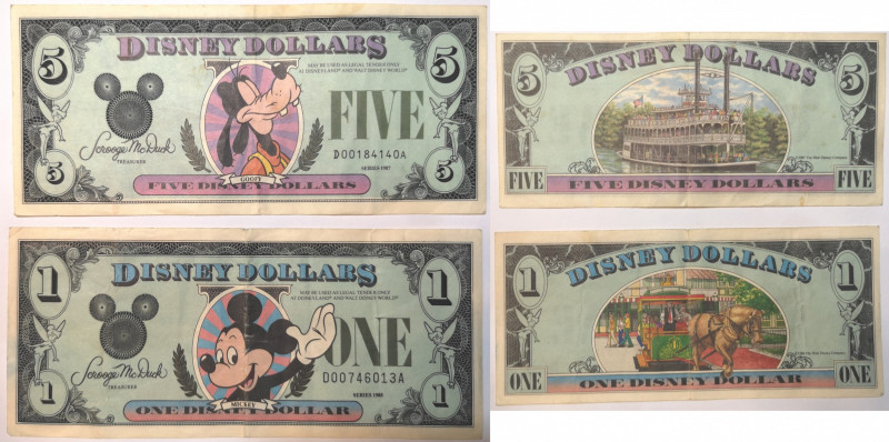Banconote. Estere. USA. Emissione Privata. Disney. 5 Dollari 1987 e Dollaro 1988...