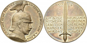 Erster Weltkrieg
 Silbermedaille 1914 (Galambos/Grünthal) Ausbruch des 1. Weltkrieges. Brustbild Kaiser Wilhelms II. in Uniform und Pickelhaube mit A...