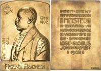 Freimaurer
 Vergoldete Bronzeplakette 1908 (C. Kühl) Auf den Logenmeister Franz Fischer der Loge "Globus" in Hamburg zum Johannisfest 1908.Brustbild ...