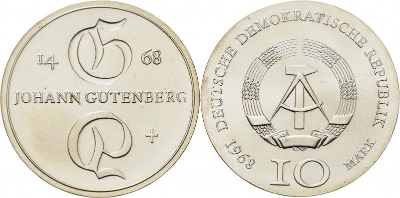 Gedenkmünzen
 10 Mark 1968. Gutenberg Jaeger 1523 Fast Stempelglanz