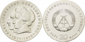 Gedenkmünzen
 20 Mark 1971. Liebknecht/Luxemburg Jaeger 1533 Avers kl. Schrötlingsfehler, fast Stempelglanz