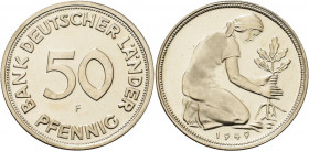 Kursmünzen
 50 Pfennig 1949 F BANK DEUTSCHER LÄNDER Jaeger 379 Auflagenhöhe: 200 Exemplare. Selten in dieser Erhaltung. Avers kl. Schrötlingsfehler, ...