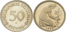 Kursmünzen
 50 Pfennig 1950 G Jaeger 384 Selten, Avers winz. Schrötlingsfehler, Polierte Platte