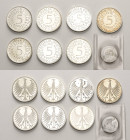 Kursmünzen
 5 DM 1965 G, 1967 G, 1968 G, 1969 G, 1970 G, 1971 F und 1973 G (PP). 50 Pfennig - 1950 G (st) 8 Stück. Stempelglanz-Polierte Platte