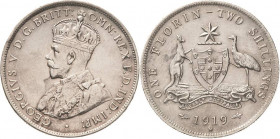 Australien
Geoge V. 1910-1936 1 Florin (2 Shillings) 1919, M-Melbourne K.M. 27 Seltener Jahrgang. Fast vorzüglich