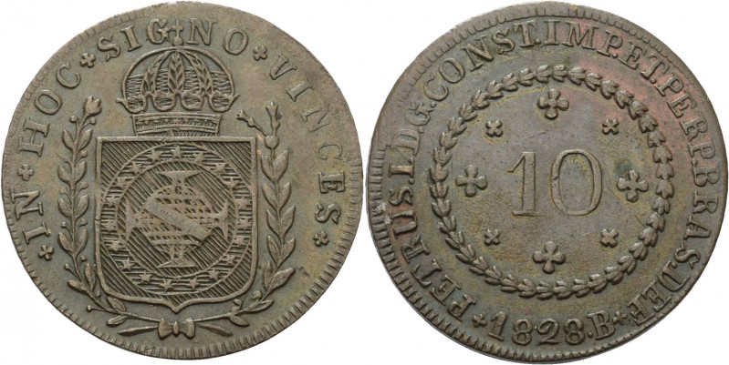 Brasilien
Pedro I 1822-1831 10 Reis 1828, B-Bahia KM 371.2 Prober C-1326 Sehr s...