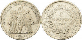Frankreich
Zweite Republik 1848-1852 5 Francs 1848, A-Paris Gadoury 683 Davenport 92 Sehr schön