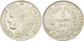 Frankreich
Zweite Republik 1848-1852 5 Francs 1851, A-Paris Gadoury 719 Davenport 93 Sehr schön-vorzüglich