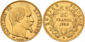 Frankreich
Napoleon III. 1852-1870 20 Francs 1859, A-Paris Schlumberger 280 Friedberg 573 Gadoury 1061 GOLD. 6.42 g. Sehr schön-vorzüglich