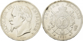 Frankreich
Napoleon III. 1852-1870 5 Francs 1867, A-Paris Gadoury 739 Davenport 96 Kl. Kratzer, sehr schön+/sehr schön