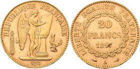 Frankreich
Dritte Republik 1870-1940 20 Francs 1897, A-Paris Gadoury 1063 Friedberg 592 Schlumberger 448 GOLD. 6.45 g. Sehr schön-vorzüglich