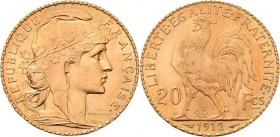 Frankreich
Dritte Republik 1870-1940 20 Francs 1912, Paris Gadoury 1064 a Schlumberger 470 Friedberg 596 GOLD. 6.46 g. Fast prägefrisch