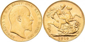 Großbritannien
Edward VII. 1901-1910 Sovereign 1910, o.Mzz.-London Spink 3969 Friedberg 400 Schlumberger 484 GOLD. 7.98 g. Kl. Randfehler, sehr schön...