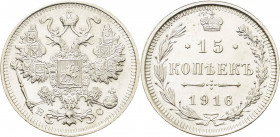 Russland
Nikolaus II. 1894-1917 15 Kopeken 1916, BS-St. Petersburg Bitkin 143 Prachtexemplar. Stempelglanz