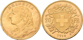 Schweiz-Eidgenossenschaft
 20 Franken 1915, B-Bern Friedberg 499 Schlumberger 41 GOLD. 6.45 g. Min.Randfehler, vorzüglich-prägefrisch