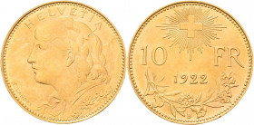 Schweiz-Eidgenossenschaft
 10 Franken 1922, B-Bern HMZ 2-1196 g Divo/Tobler 349 Friedberg 504 Schlumberger 60 GOLD. 3.23 g. Fast Stempelglanz