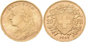 Schweiz-Eidgenossenschaft
 20 Franken 1927, B-Bern Friedberg 499 Schlumberger 46 GOLD. 6.45 g. Min.Randfehler, fast Stempelglanz