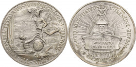 Slowakei
 Versilberte Bronzemedaille 1928 (AK) Postausstellung in Trencín. Merkur nach links schreitend, vor ihm Frauengestalt, im Hintergrund Burg /...