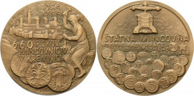 Tschechoslowakei
 Bronzemedaille 1988 (L.Bódi) 660-jähriges Bestehen der Münzprägeanstalt Kremnitz. Münzmeister vor Stadtansicht, darunter Münzen / S...