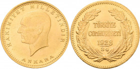 Türkei
Präsident Kemal Atatürk 1923-1938 100 Piaster 1957 (1923/34). Cumhuriyet Friedberg 91 Schlumberger 882 GOLD. 7.22 g. Vorzüglich-Stempelglanz...
