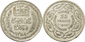 Tunesien
Ahmed Pasha Bey 1929-1942 20 Francs 1939, Paris KM 266 Kl.Kratzer, vorzüglich