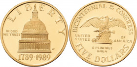 Vereinigte Staaten von Amerika
 5 Dollar 1989, W-West Point 200 Jahre Kongress. 8,36g 900 er Gold. Im Originaletui mit Zertifikat Schön 227 Friedberg...