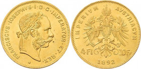 Kaiserreich Österreich
Franz Joseph I. 1848-1916 4 Gulden (10 Franken) 1892, Wien Jaeger 361 Friedberg 503 Schlumberger 626 GOLD. 3.20 g. Min. Flecke...