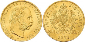 Kaiserreich Österreich
Franz Joseph I. 1848-1916 8 Gulden (20 Franken) 1892, Wien Jaeger 362 Friedberg 502 Schlumberger 611 GOLD. 6.44 g. Revers min....
