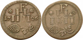Geistlichkeiten - Salzburg
Franz Anton von Harrach 1709-1727 Bronzemarke zu 4 Kreuzer 1726. Weinhandelsmarke. FHL IIII, 1726 / FHL IIII. 22 mm, 2,53 ...
