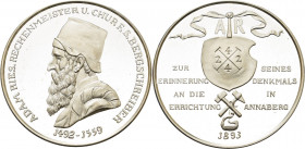 Annaberg
 Silbermedaille 1993 (moderne Prägung) Errichtung des Adam-Ries-Denkmals. Brustbild nach links / Schild mit Multiplikation über Bergbausymbo...
