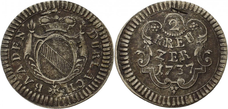 Baden-Durlach
Karl Wilhelm 1709-1738 2 Kreuzer 1737. Wielandt 657 Sehr selten. ...