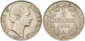Bayern
Ludwig II. 1864-1886 1/2 Gulden 1866, München Kopf ohne Scheitel AKS 180 Jaeger 102 Kl. Randfehler, fast vorzüglich