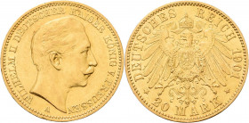 Preußen
Wilhelm II. 1888-1918 20 Mark 1901 A Jaeger 252 Kl. Randfehler, fast vorzüglich/vorzüglich-Stempelglanz